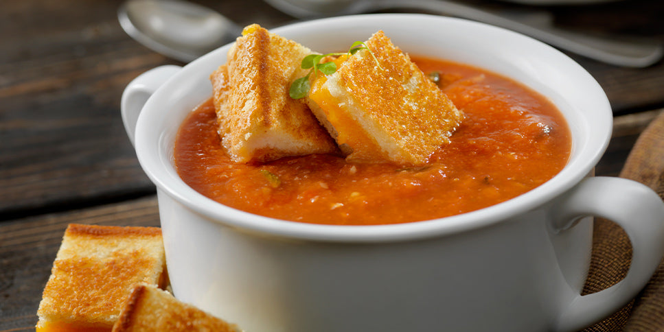 Gourmet Tomato Soup With Grilled Cheese Croutons